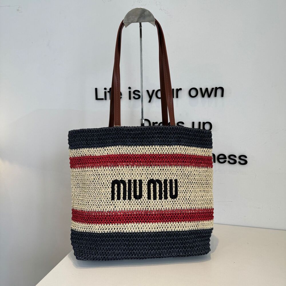 Miu Miu Striped Straw Tote Bag